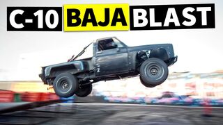 From Baja to Big Sends! Chevy C-10 soars over and smokes our Yard!