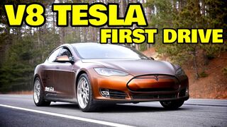 The world's first V8 powered Tesla hits the road!
