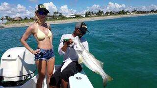 Girl Catching and Releasing tons of MONSTER Snook in South Florida ocean