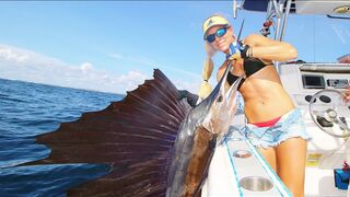 Girl catches a GIANT FISH taller then her deep sea fishing!