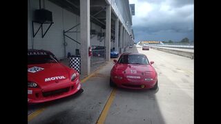 1 on 1 Spec Miata race between two 1.6 cars around Sebring. Dean's suffers transmission damage.
