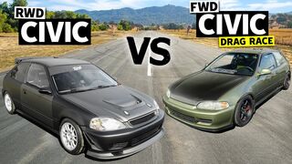 @throtl's RWD K20 Turbo Civic VS FWD B18 Supercharged Civic! Which is better? // THIS vs THAT