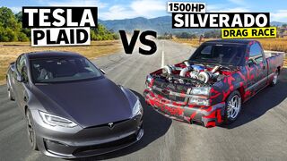 1500hp Twin Turbo 4x4 Chevy Silverado vs 1100hp Tesla Model S Plaid // THIS vs PLAID