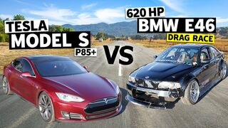 Electric vs. V8! Tesla Model S Races a LS Swapped BMW E46 // This vs. That
