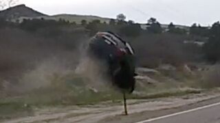 WATCH This Car Get AIRBORNE Off Side of Highway in Front of Motorcyclist!