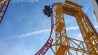Riding Dare Devil Dive Roller Coaster! Beyond Vertical Drop! Six Flags Over Georgia 4K Onride POV
