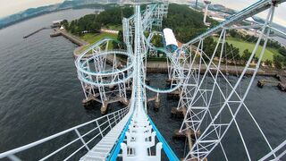 Riding "Surf Coaster" Roller Coaster at Sea Paradise in Japan! Front Seat 4K Onride POV